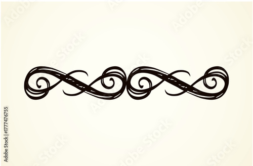 Old cute romantic book ribbon bow swirly tag swoosh element isolated on white paper card backdrop. Freehand black ink pen outline drawn curly corner sketchy in artistic rustic curlicue scrawl style
