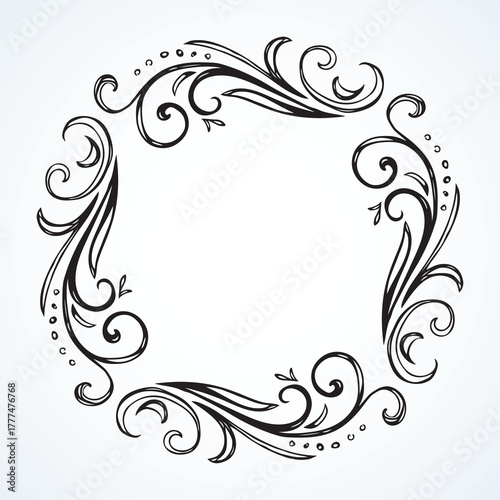 Old cute romantic book ribbon bow swirly tag swoosh element isolated on white paper card backdrop. Freehand black ink pen outline drawn curly corner sketchy in artistic rustic curlicue scrawl style