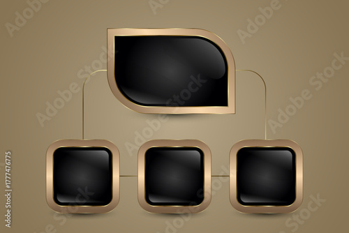 A premium Flow Chart and Work Step in luxury black square button framed with an elegant golden border. The sleek, glossy black center, Elegant Buttons vector illustration