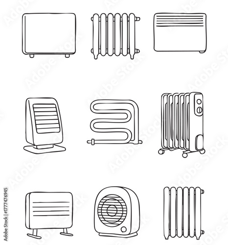 Battery. line sketch set objects elements heating elements