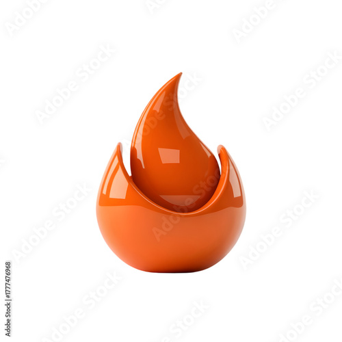 Orange 3D flame icon with glossy texture and stylized abstract design isolated on transparent background