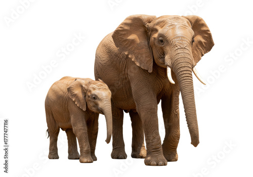 Photography Isolated African Elephant pair, large adult and calf, close-up full shot on plai
