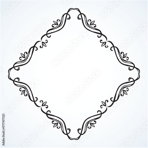 Old cute romantic book ribbon bow swirly tag swoosh element isolated on white paper card backdrop. Freehand black ink pen outline drawn curly corner sketchy in artistic rustic curlicue scrawl style