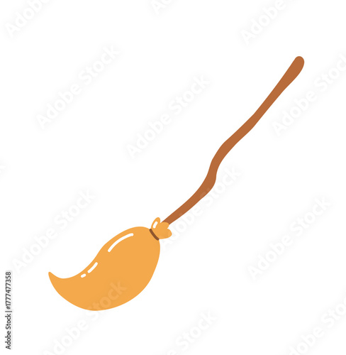 Vector flat illustration of cute witch broom. Hand drawn magical element. Simple broom drawing for Halloween. Vector illustration