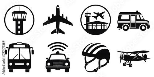 Set of essential transport and travel vector icons featuring airplanes buses cars and a bicycle helmet on white background