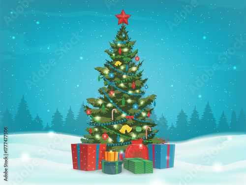 Christmas tree with decorations and gift boxes. Holiday background. Merry Christmas and Happy New Year. Vector illustration