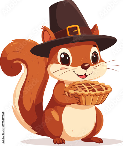 A cartoon squirrel wearing a pilgrim hat and holding a pie.