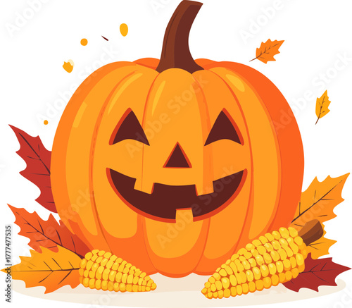 A cheerful jack-o'-lantern pumpkin surrounded by colorful autumn leaves and corn cobs for Halloween.