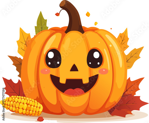 Cute cartoon pumpkin with big eyes and a happy smile, surrounded by colorful autumn leaves and an ear of corn, celebrating fall.