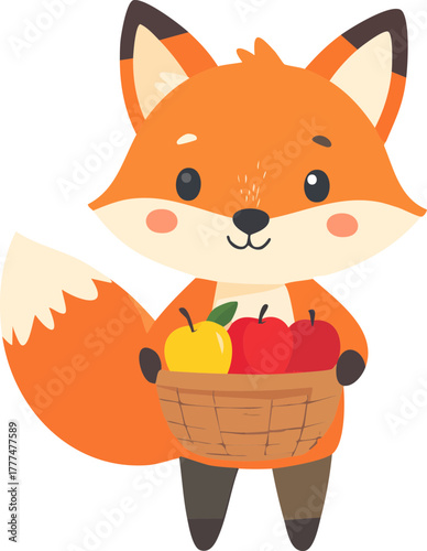 A cute cartoon fox stands holding a basket filled with apples, smiling happily.