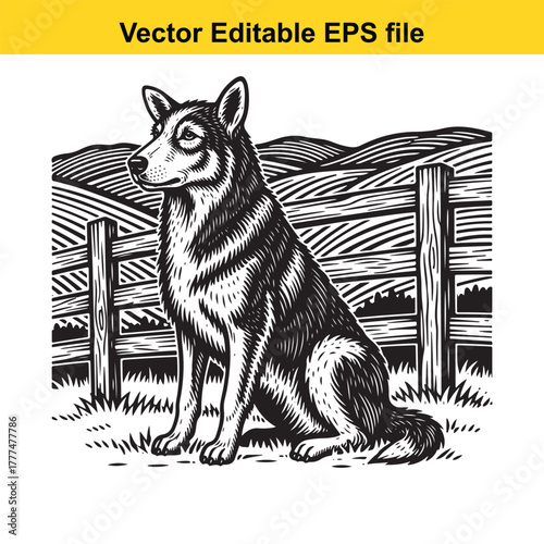 Sitting husky dog in front of a wooden fence and rolling hills, black and white woodcut style, vector illustration
