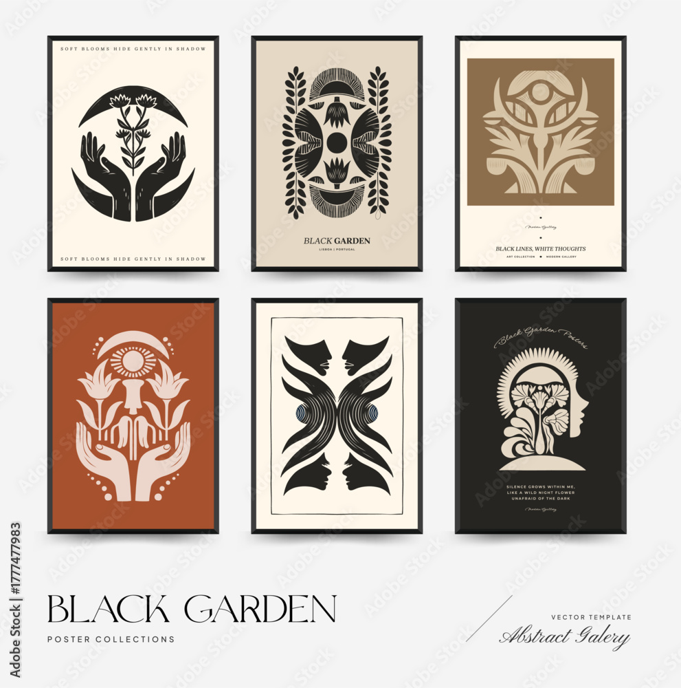 Fototapeta premium Abstract vector poster collection with stylized botanical, hand and face motifs in minimalist symmetrical compositions