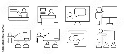 Training icon set. Workshop, business training, presentation, teacher, education, learning - stock vector.