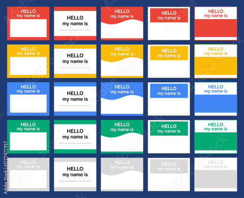 Hello, my name is. Name label sticker with an inscription Hello my name is. Red, yellow, green, blue name tag, cards - stock vector.