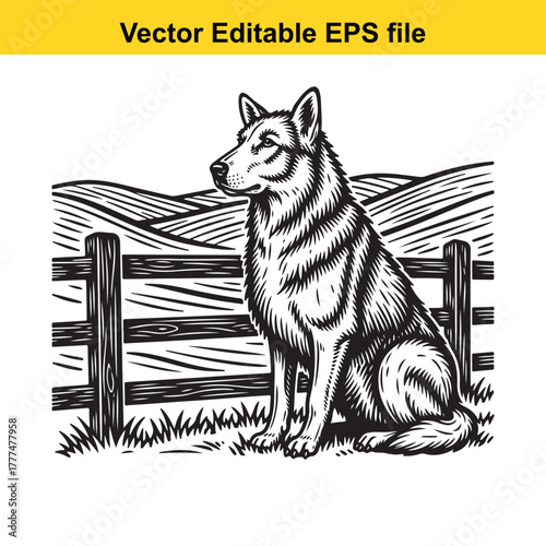 Sitting husky dog in front of a wooden fence and rolling hills, black and white woodcut style, vector illustration