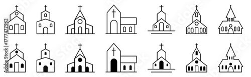 Church bulding line icon set. Icons of christian religion. Flat style - stock vector.