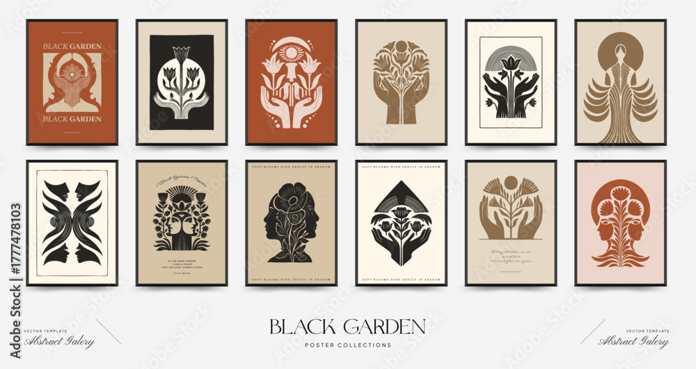 Fototapeta premium Abstract vector poster collection with stylized botanical and human motifs in minimalist symmetrical compositions