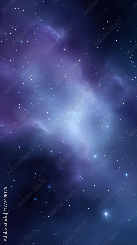 Fototapeta premium Serene blue and purple nebula glowing in vast cosmos. celestial background of distant galaxy filled with star formations creating sense of wonder and mystery