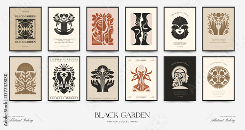 Abstract vector poster collection with stylized botanical and human motifs in minimalist symmetrical compositions