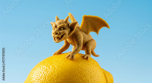 Gargoyle figurine crafted from lemon peel sits amusingly atop a bright lemon under a clear blue sky