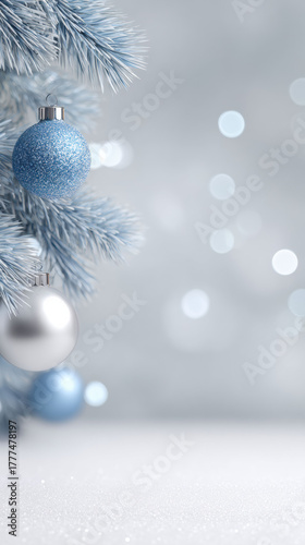 Magical christmas tree with blue and silver ornament decoration for festive holiday. winter scene with bokeh background and soft snow creating serene mood