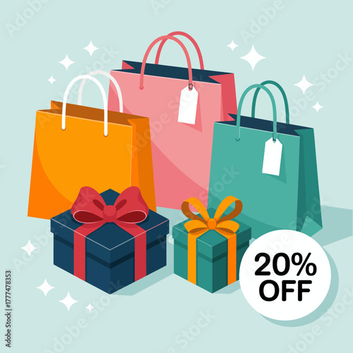 A vibrant image portraying shopping bags and wrapped gifts, highlighting discounts and the excitement of shopping, perfect for marketing and sale promotions.