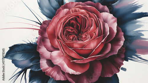 Vibrant red rose blossom with elegant blue leaves and decorative paint strokes isolated on transparent background