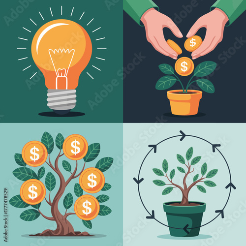 An artistic representation of nurturing investments, depicting money growth through coins and plants, symbolizing both prosperity and financial independence.