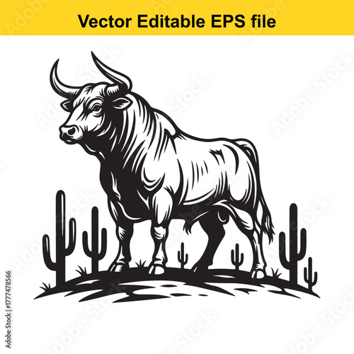 Powerful bull standing in a desert landscape with cacti, black and white woodcut style, vector illustration
