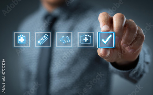 Business professional making healthcare or insurance choice. Man hand using digital technology to select and approve medical health options on virtual interface