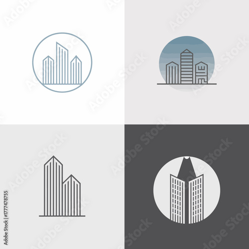 This collection of skyline illustrations captures different architectural forms, showcasing urban diversity that resonates with themes of city life and modern living.