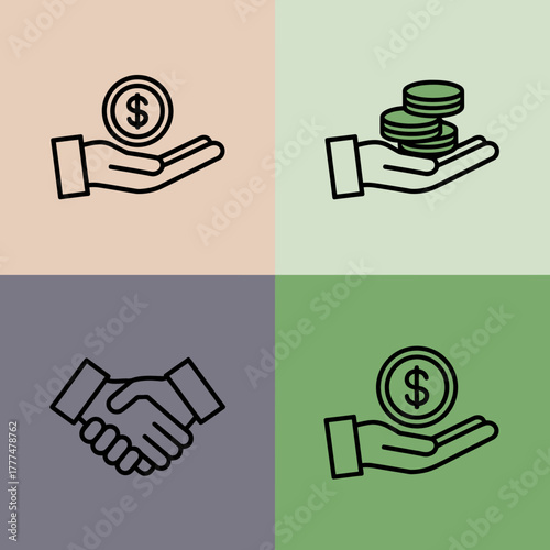 This collection showcases hand icons holding coins in various styles, representing financial themes such as savings, investment, and the act of offering support in monetary matters.