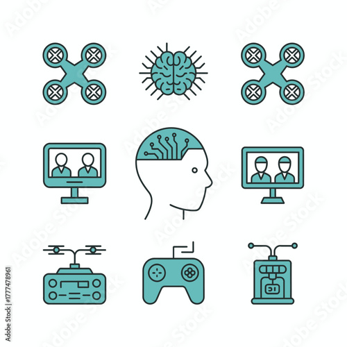 A modern collection of technology icons featuring robotics and AI elements, capturing the essence of today's advancements in relation to human interactions and experiences.