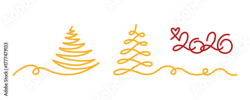 Set of line art doodle elements for New Year's Eve, Christmas featuring 2026 numbers with heart and Chritmas Trees. Simple vector graphics for festive design, greeting cards. Continuous line drawing.