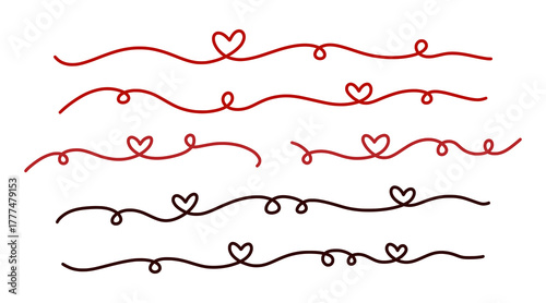 Set hand drawn line art hearts, one line drawing. Simple, romantic, and minimalist vector elements for love, wedding, and Valentine's Day designs. Border lines hearts set, continuous line.