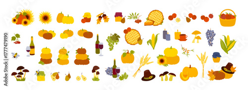 Thanksgiving Day illustration. Pumpkins, autumn mushrooms and berries, fall harvest vegetables and fruits. Vector seasonal fall Happy Thanks giving illustrations set isolated on white background.