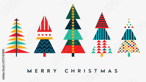 A festive collection of abstract geometric christmas trees in vibrant colors with merry christmas text