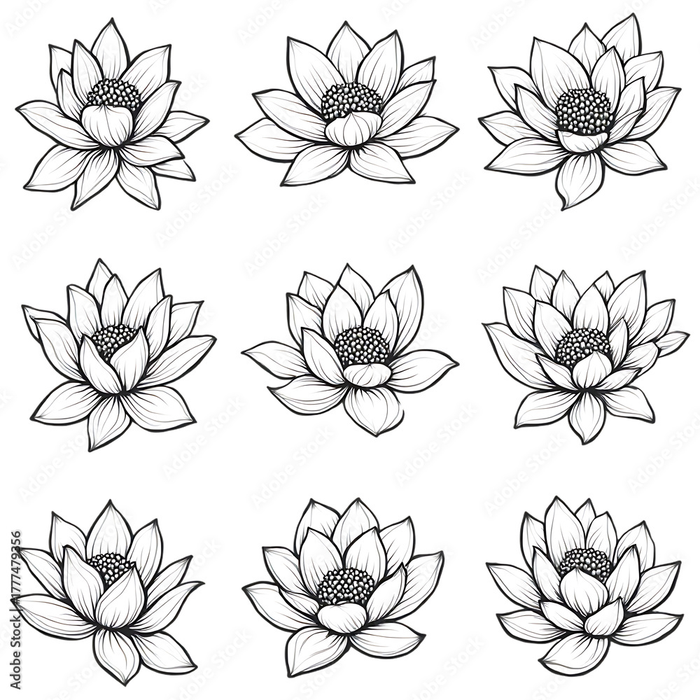 Fototapeta premium Black and White Lotus Flowers Pattern Artistic Floral Design Hand Drawn