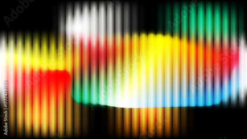 Abstract neon spectrum with vertical light streaks and blurred rainbow gradients, vibrant equalizer lines on black background.