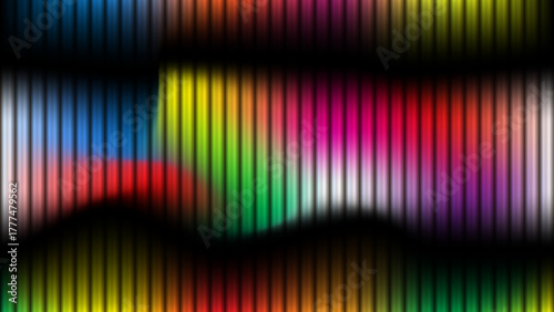 Abstract neon spectrum with vertical light streaks and blurred rainbow gradients, vibrant equalizer lines on black background.