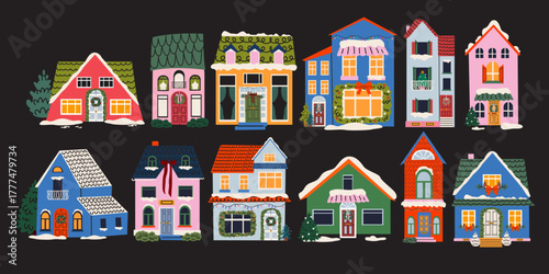 Big set of winter festive Christmas houses in cartoon groovy style with decorations, wreaths, snow, garland, Christmas tree and bow. Cozy winter outside retro house interior vector collection
