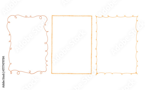 Set of elegant vector frames with whimsical hand drawn shapes. Collection of linear vintage frames in yellow and gold shades isolated on white background. Rectangular vertical frames. Vector