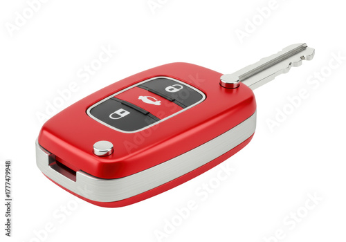 Isolated red car key fob with silver trim on a neutral background, security, vehicle