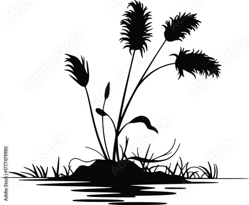 Wetland reeds and grass silhouette by water, minimal vector