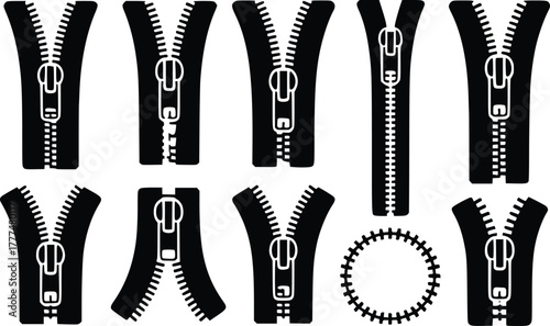 Collection of black zipper icons with various styles and shapes
