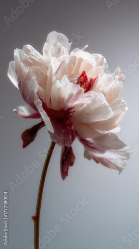 Beautiful delicate white and pink peony flower bloom in close up studio shot. Elegant romantic flora expressing serenity and grace against simple gray background for purity