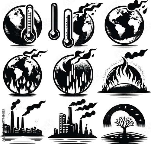 Global warming, climate change, environmental pollution vector set.