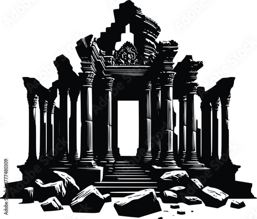 Ancient temple ruins silhouette with fallen columns and debris.