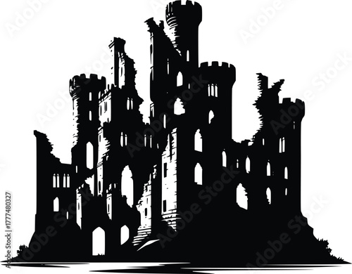 Historic crumbling castle structure silhouette isolated on white