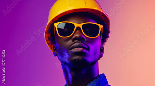 Confident construction worker poses with sunglasses and hard hat under colorful lighting